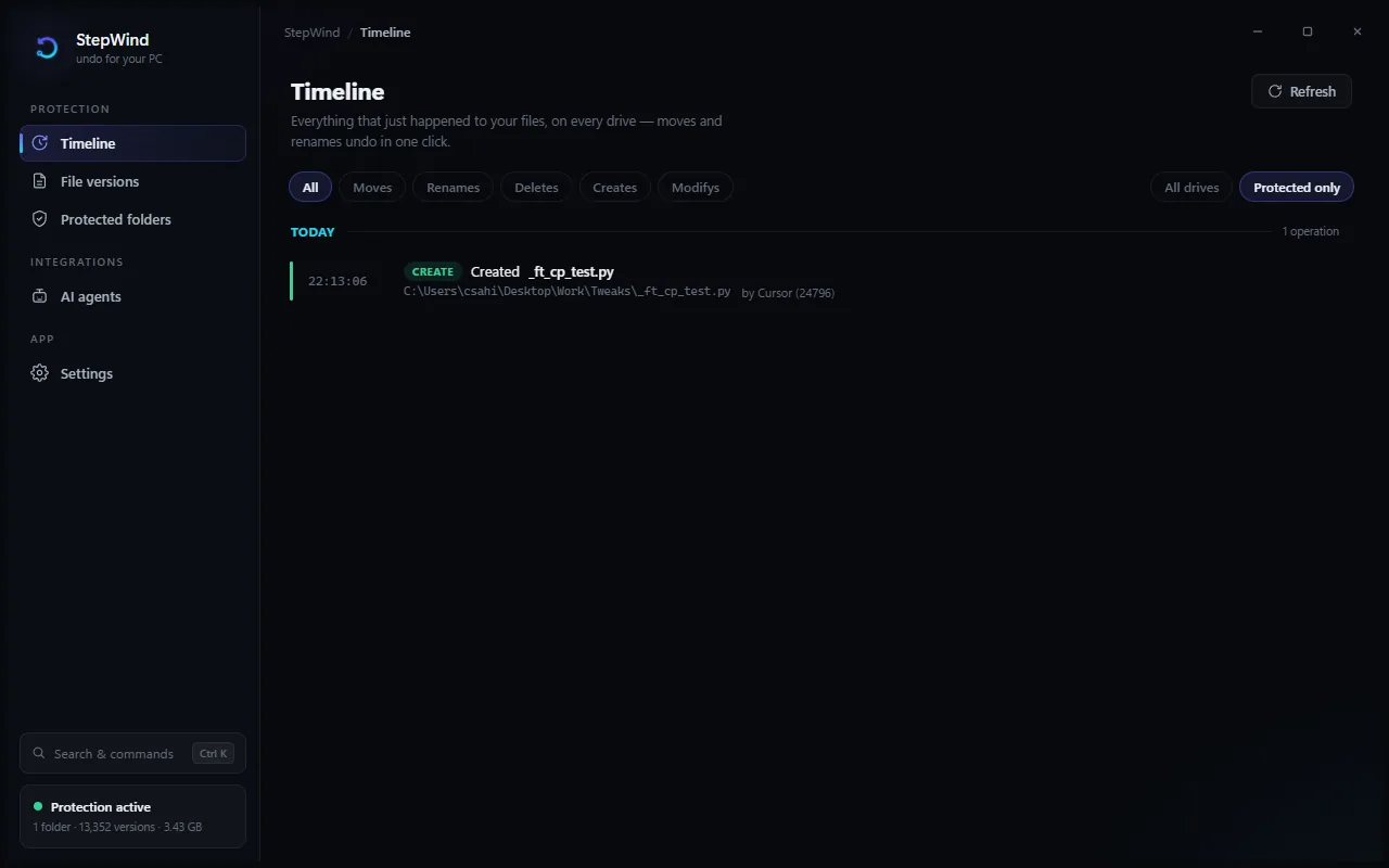 StepWind's timeline: a live, day-grouped feed of file operations across the PC, each with a one-click Undo button