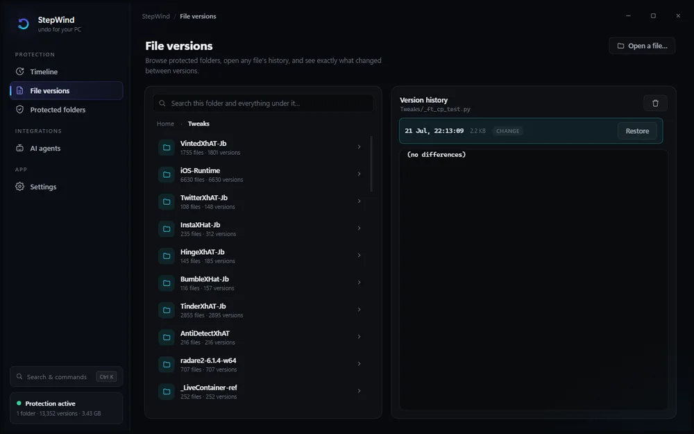 File versions view: browse any protected file's history and restore an earlier save
