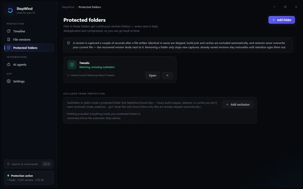 Protected folders view: choose which folders keep continuous version history